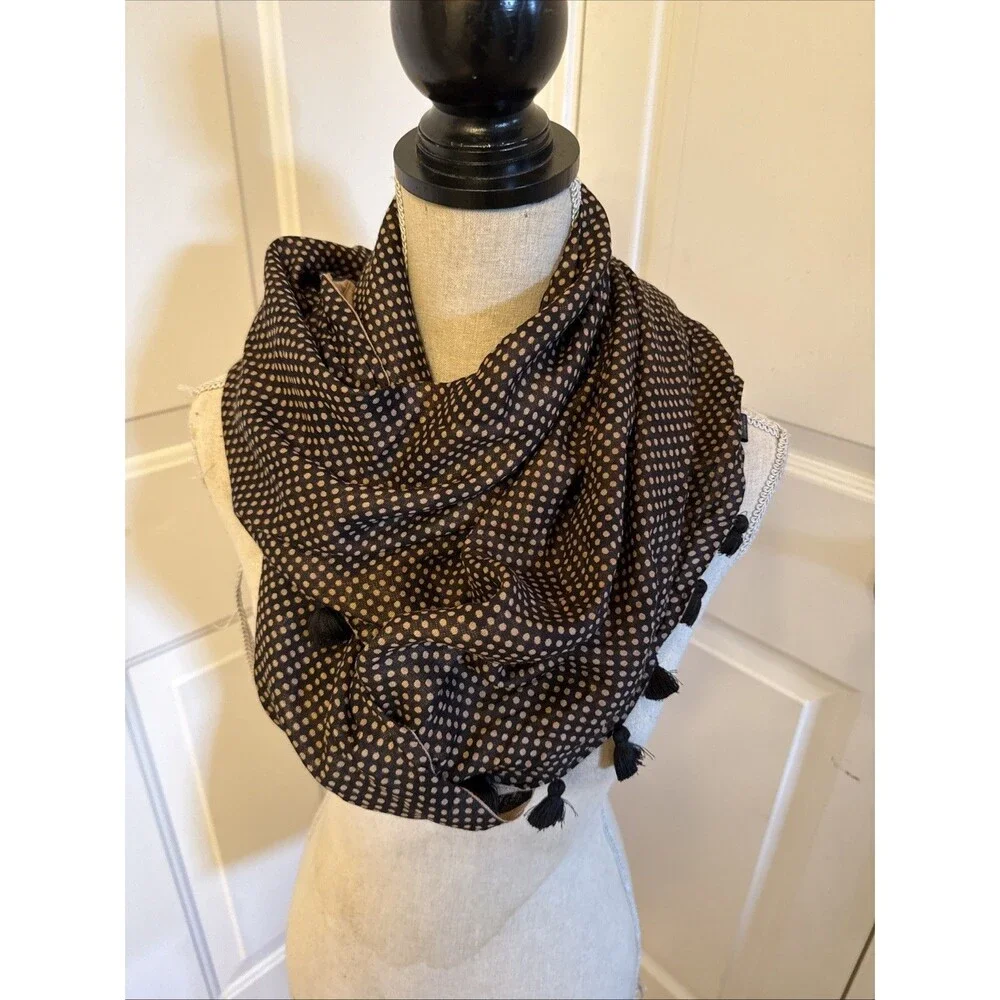 POLKADOT INFINITY SCARF unbranded Black And Brown Polka Dot Scarf With Tassels
